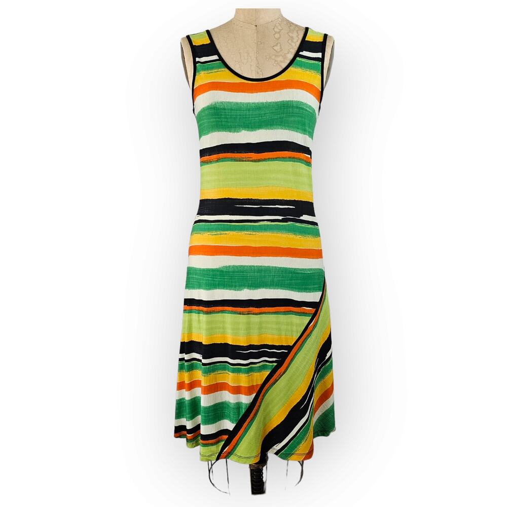 Libra scoop neck abstract bright green orange stripe sleeveless dress Smalll